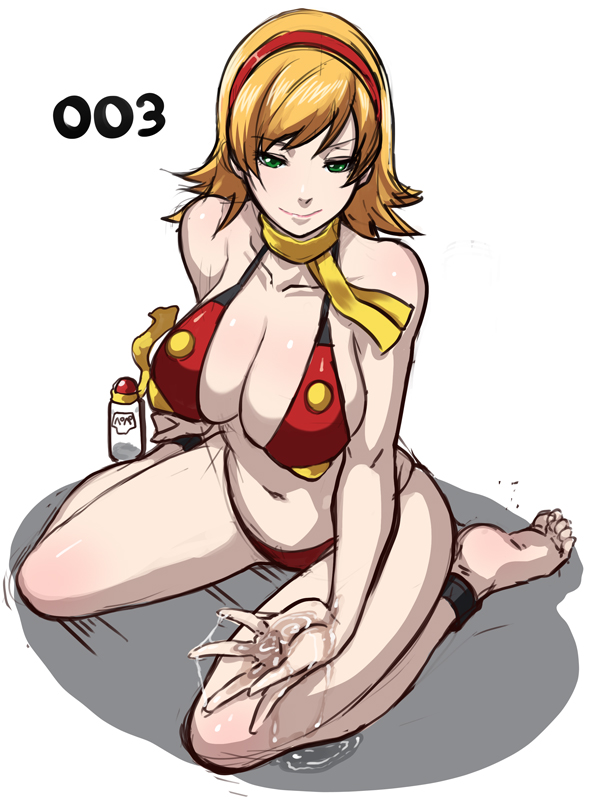 009_re:cyborg 10s 1girl anklet barefoot bikini blonde_hair breasts butcha-u cleavage cyborg_009 feet female_focus francoise_arnoul green_eyes hairband jewelry large_breasts lube red_bikini scarf sitting smile soles solo swimsuit wariza