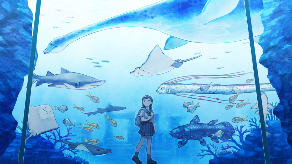 1girl animal aquarium arm_at_side backpack bag black_footwear black_hair black_skirt blue_theme coelacanth dinosaur fish fish_request hand_up loafers long_hair looking_to_the_side looking_up miniskirt oarfish original pleated_skirt ruins school_of_fish school_uniform serafuku shark shoes short_sleeves skirt soujirou underwater walking wide_shot
