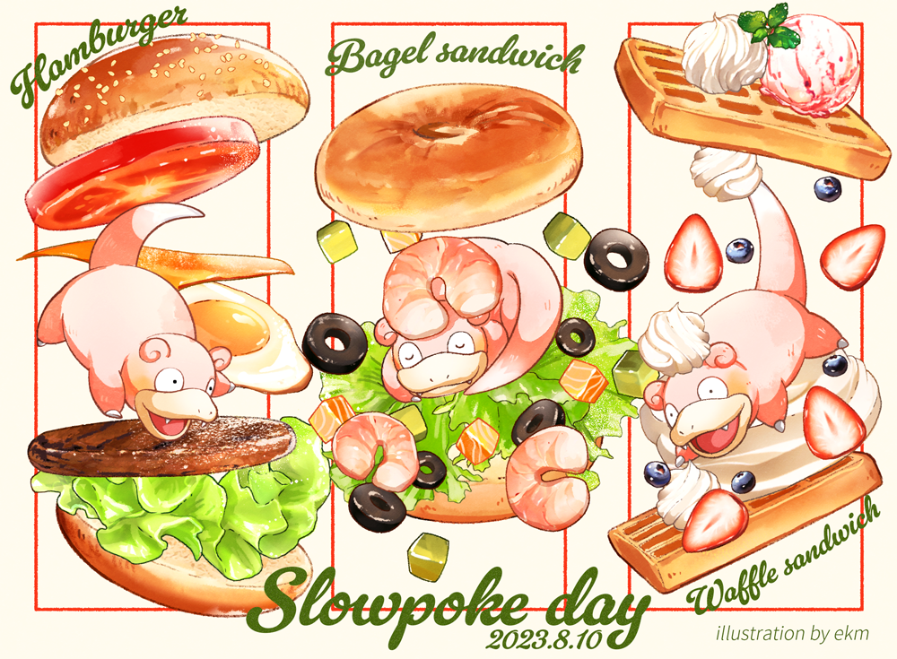 artist_name bagel_sandwich burger cheese closed_eyes creatures_(company) dated ekm english_text falling fangs food food_focus food_name fried_egg fruit game_freak gen_1_pokemon ice_cream in_food lettuce meat mint nintendo no_humans open_mouth outside_border pokemon pokemon_(creature) sandwich sesame_seeds shrimp sleeping sliced_cheese slowpoke strawberry tomato tomato_slice waffle