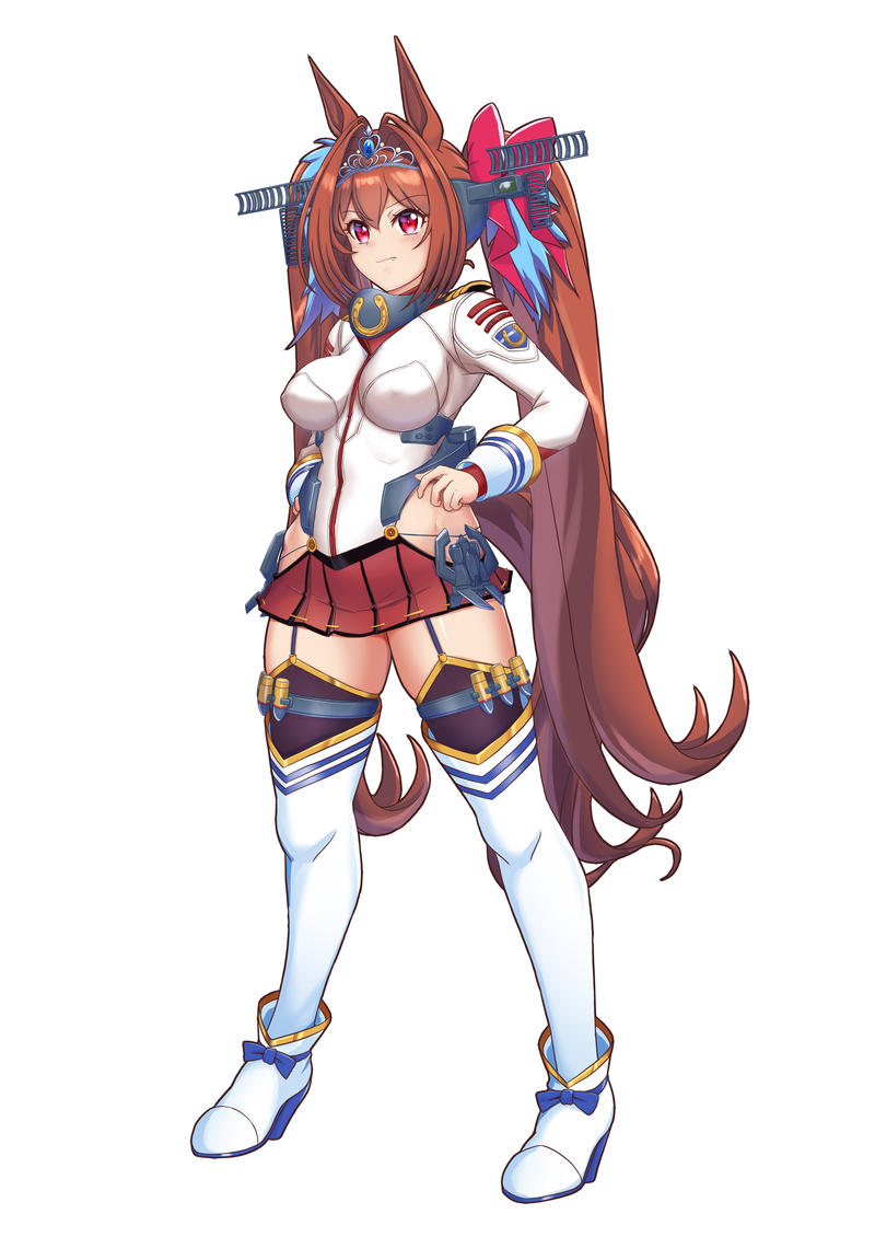 1girl animal_ears breasts brown_hair closed_mouth collar cosplay daiwa_scarlet_(umamusume) full_body garter_straps hair_intakes hair_tie hand_on_own_hip headgear hip_vent horse_ears horse_girl horse_tail jacket kantai_collection large_breasts long_hair metal_collar moke_ro pleated_skirt purple_eyes red_skirt simple_background skirt solo standing tail thighhighs tiara trait_connection twintails uchuu_senkan_yamato uchuu_senkan_yamato_2199 umamusume very_long_hair white_background white_jacket white_thighhighs yamato_(kancolle) yamato_(kancolle)_(cosplay)