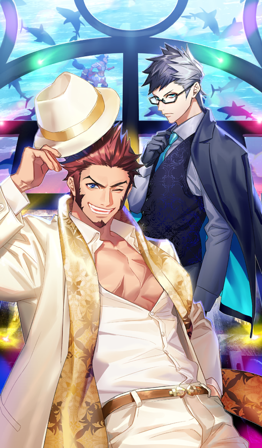 2boys aqua_eyes aqua_necktie belt black-framed_eyewear black_gloves black_hair black_jacket black_vest blue_eyes brown_belt brown_facial_hair brown_hair buttons centaur closed_mouth collared_shirt commentary cowboy_shot dress_shirt facial_hair fate/grand_order fate_(series) formal_clothes fujiwara_ryo_(wsise47) glasses gloves goatee grey_hair grey_shirt hat hat_ribbon hat_tip holding holding_unworn_clothes holding_unworn_hat jacket jacket_on_shoulders lapels leaning_back long_sideburns long_sleeves looking_at_viewer male_focus multicolored_hair multiple_boys muscular muscular_male napoleon_bonaparte_(fate) napoleon_bonaparte_(ladies_&amp;_gentlemen)_(fate) necktie notched_lapels official_art one_eye_closed open_clothes open_jacket open_mouth pants partially_unbuttoned pectoral_cleavage pectorals print_scarf red_hare_(fate) ribbon scar scar_on_chest scarf semi-rimless_eyewear shark shirt short_hair sideburns sigurd_(fate) sigurd_(ladies_&amp;_gentlemen)_(fate) smile spiked_hair standing submerged suit suit_jacket swimming taur teeth third-party_source trilby two-sided_fabric two-sided_jacket two-tone_hair unbuttoned unbuttoned_shirt under-rim_eyewear unworn_hat unworn_headwear vest waistcoat water white_hat white_pants white_shirt white_suit wing_collar yellow_ribbon yellow_scarf