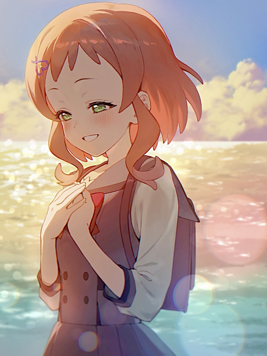1girl blush bow bowtie brown_bag brown_cardigan brown_skirt cardigan closed_mouth green_eyes hair_ornament hairclip highres inukai_iroha medium_hair ocean open_mouth pink_hair pleated_skirt precure red_bow red_bowtie school_uniform second_wangan_school_uniform shirt skirt sky smile solo sunlight white_shirt wonderful_precure! yuzu_sato