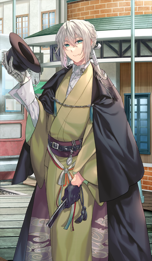 1boy airgetlam_(fate) androgynous bedivere_(exhibition_attire)_(fate) bedivere_(fate) belt belt_buckle black_belt black_cape black_gloves brown_hat brown_sash buckle buttons cape closed_mouth collared_shirt commentary_request double-parted_bangs dress_shirt fate/grand_order fate_(series) feet_out_of_frame folded_fan folding_fan gloves green_eyes green_kimono hair_between_eyes hair_tie hand_fan hat head_tilt holding holding_fan holding_unworn_clothes holding_unworn_hat japanese_clothes kimono long_hair long_sleeves looking_at_viewer low_twintails male_focus obi official_alternate_costume official_art outdoors pocket_watch prosthesis prosthetic_arm sash shirt shirt_under_kimono shosei sidelocks single_glove smile solo standing tenkuu_sphere third-party_source twintails unworn_hat unworn_headwear watch white_hair white_shirt