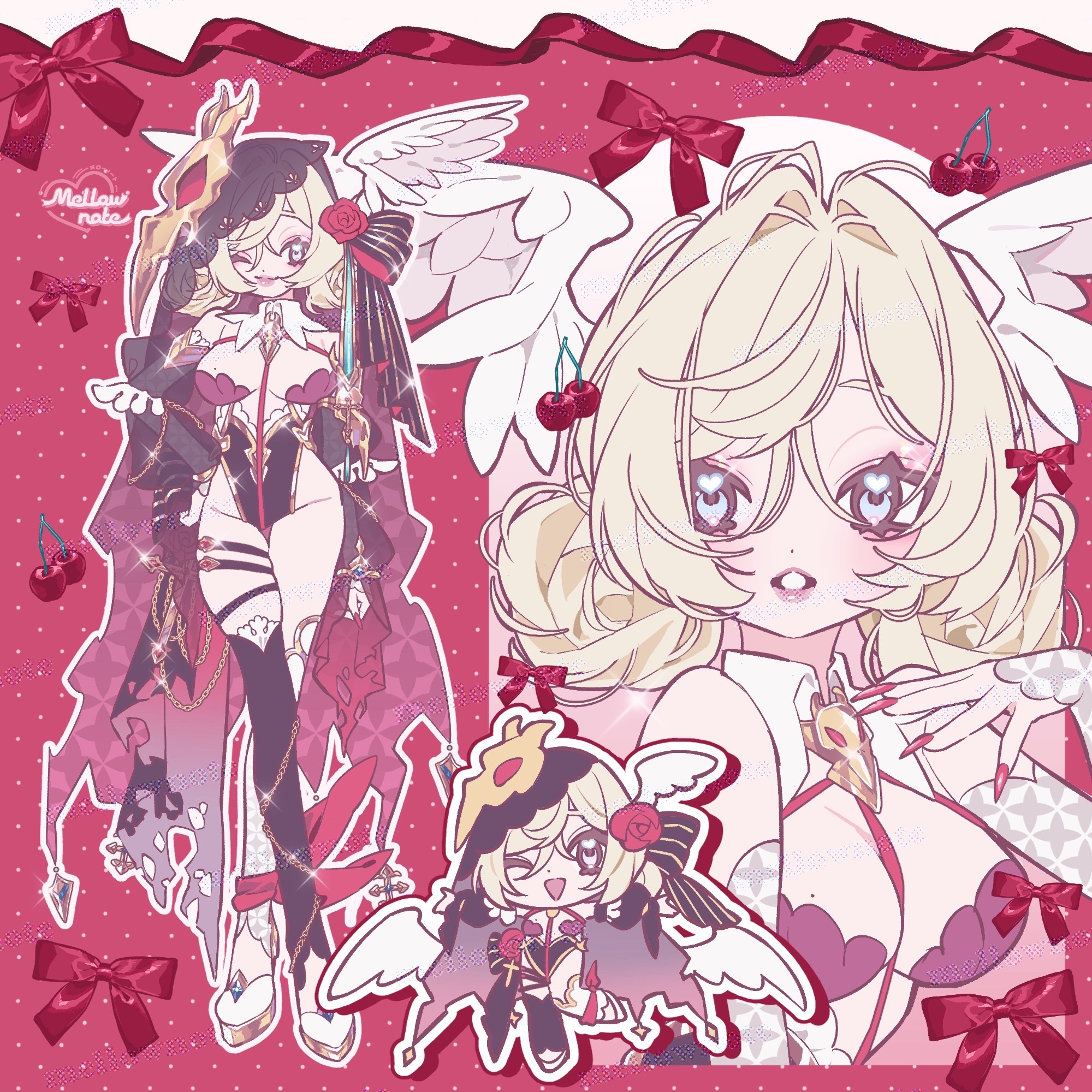 1girl asymmetrical_legwear blonde_hair bow breasts cherry chibi chibi_inset closed_mouth double_bun eyelashes fingernails flower food fruit full_body hair_bun head_wings highres lips looking_to_the_side medium_breasts mellownote mismatched_legwear mole mole_on_breast multiple_views nail_polish one_eye_closed original parted_lips polka_dot polka_dot_background red_bow red_flower red_nails red_rose rose signature smile sparkle square standing veil white_eyes wings