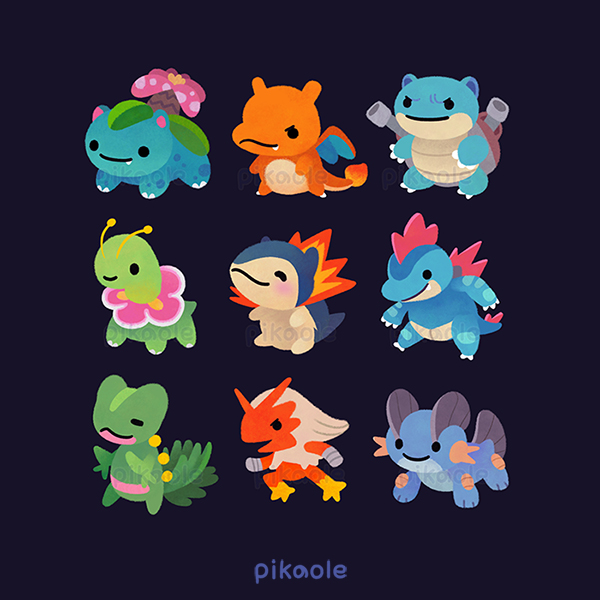 ._. =_= antennae artist_name black_background blastoise blaziken blush cannon charizard chibi closed_mouth creatures_(company) dragon dragon_wings fang feraligatr fire flame-tipped_tail flower full_body game_freak gen_1_pokemon gen_2_pokemon gen_3_pokemon meganium nintendo no_humans open_mouth pikaole pink_flower pokemon pokemon_(creature) pokemon_focus sceptile simple_background smile starter_pokemon_trio swampert typhlosion venusaur watermark wings