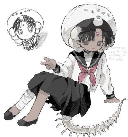 1girl arm_support bad_id bad_twitter_id bandaged_leg bandages black_eyes black_hair black_sailor_collar black_skirt bone_tail closed_mouth dark-skinned_female dark_skin doodle_inset english_text forehead_jewel full_body hat invisible_chair long_sleeves looking_at_viewer lowres neckerchief o_(pottypottp) original parted_bangs pleated_skirt red_neckerchief sailor_collar school_uniform serafuku shirt shoes short_hair simple_background sitting skirt smile solo v white_background white_hat white_shirt