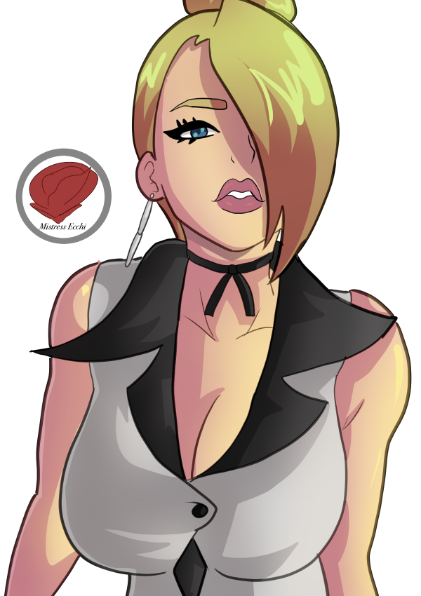 1girl blonde_hair blue_eyes breasts cleavage earrings female_focus formal_clothes hair_bun jewelry large_breasts long_hair looking_at_viewer mature_(kof) mistress_ecchi mistressecchi pale_skin sleeveless solo standing suit the_king_of_fighters thick_lips