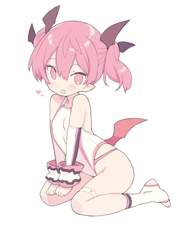 1girl :d bare_shoulders blade_(galaxist) blush breasts commentary_request detached_sleeves emelia_pris fang full_body hair_ornament long_sleeves looking_at_viewer low_wings no_shoes one-piece_swimsuit open_mouth pink_eyes pink_hair pointy_ears pop-up_story red_wings simple_background small_breasts smile socks solo stirrup_legwear swimsuit toeless_legwear twintails white_background white_one-piece_swimsuit white_sleeves white_socks wing_hair_ornament wings