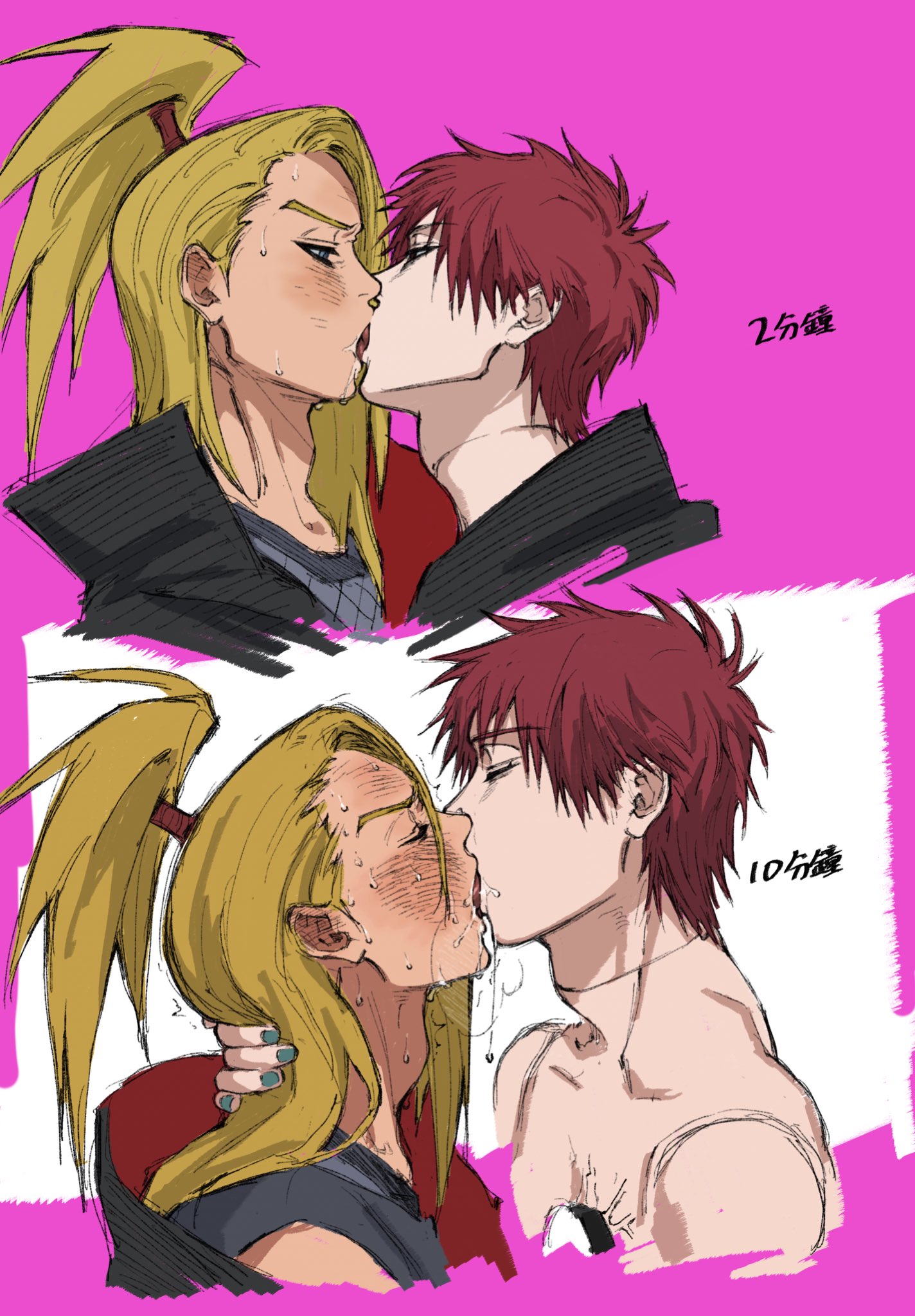2boys blonde_hair blush deidara_(naruto) drooling french_kiss from_side gaara_(naruto) haikyuu!! highres kiss male_focus multiple_boys ponytail red_hair saliva umkaqryi
