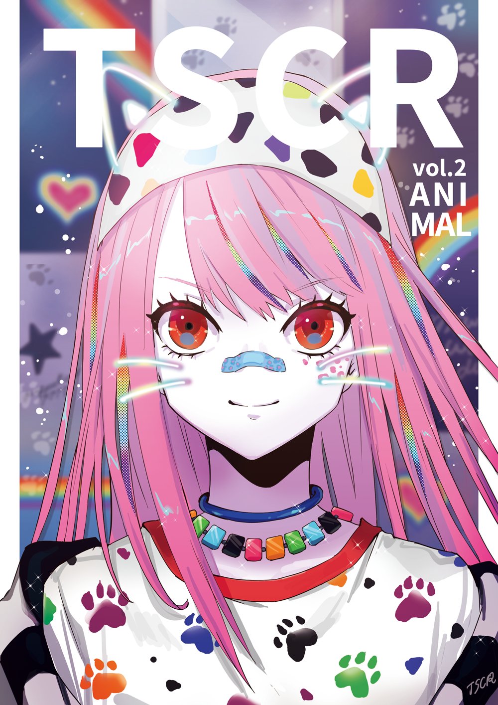 1girl bandages bandaid bandaid_on_face bandaid_on_nose closed_mouth fashion highres jewelry long_hair looking_at_viewer necklace original paw_print pink_hair puppeteer7777 red_eyes shirt smile solo