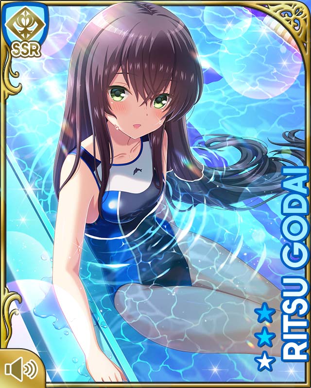 1girl :d afloat bare_legs barefoot black_hair blue_one-piece_swimsuit card_(medium) character_name day girlfriend_(kari) godai_ritsu green_eyes indoor_pool indoors long_hair official_art one-piece_swimsuit open_mouth qp:flapper sitting smile swimsuit tagme very_long_hair