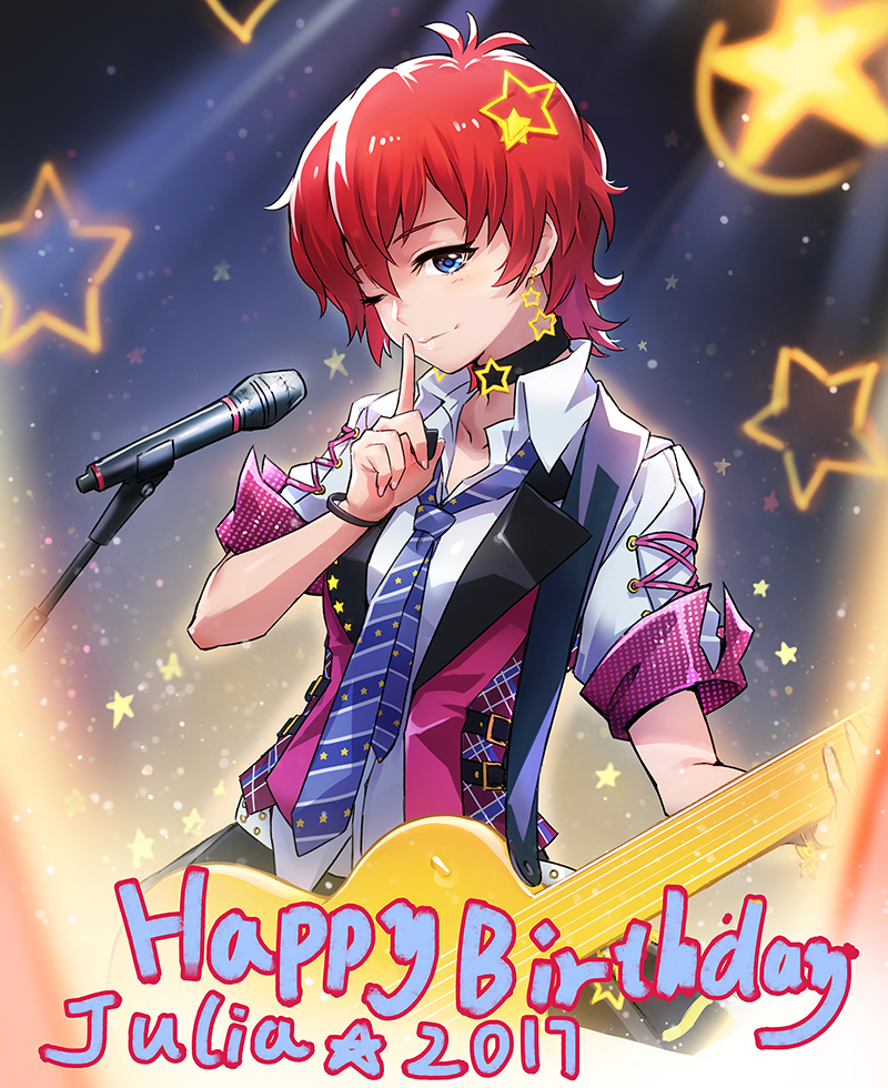 1girl backlighting belt blue_eyes bracelet character_name choker commentary_request cross-laced_clothes dated electric_guitar female_focus finger_to_mouth guitar happy_birthday idolmaster idolmaster_million_live! instrument jewelry julia_(idolmaster) microphone microphone_stand necktie red_hair short_hair skirt sleeves_rolled_up solo star_(symbol) star_symbol_background studded_belt todee