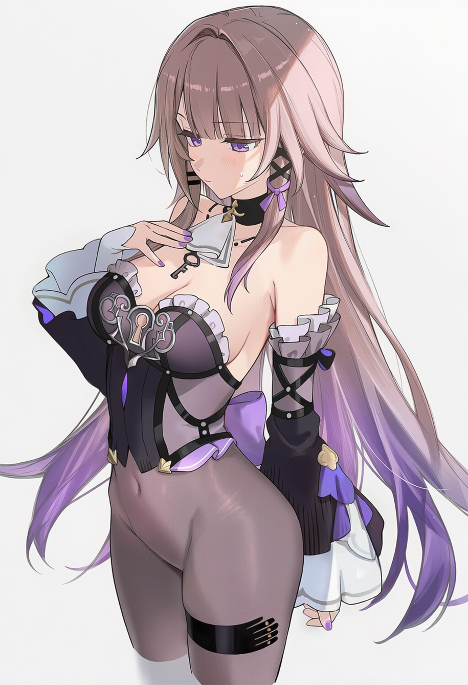 1girl ai-assisted ascot blunt_bangs breasts brown_hair brown_pantyhose cowboy_shot detached_sleeves gradient_hair groin hair_ornament herta_(honkai:_star_rail) high-waist_pantyhose highres honkai:_star_rail honkai_(series) jewelry key key_necklace leotard long_hair medium_breasts multicolored_hair necklace pantyhose poki_(j0ch3fvj6nd) purple_eyes purple_hair purple_nails sidelocks the_herta_(honkai:_star_rail) white_background x_hair_ornament