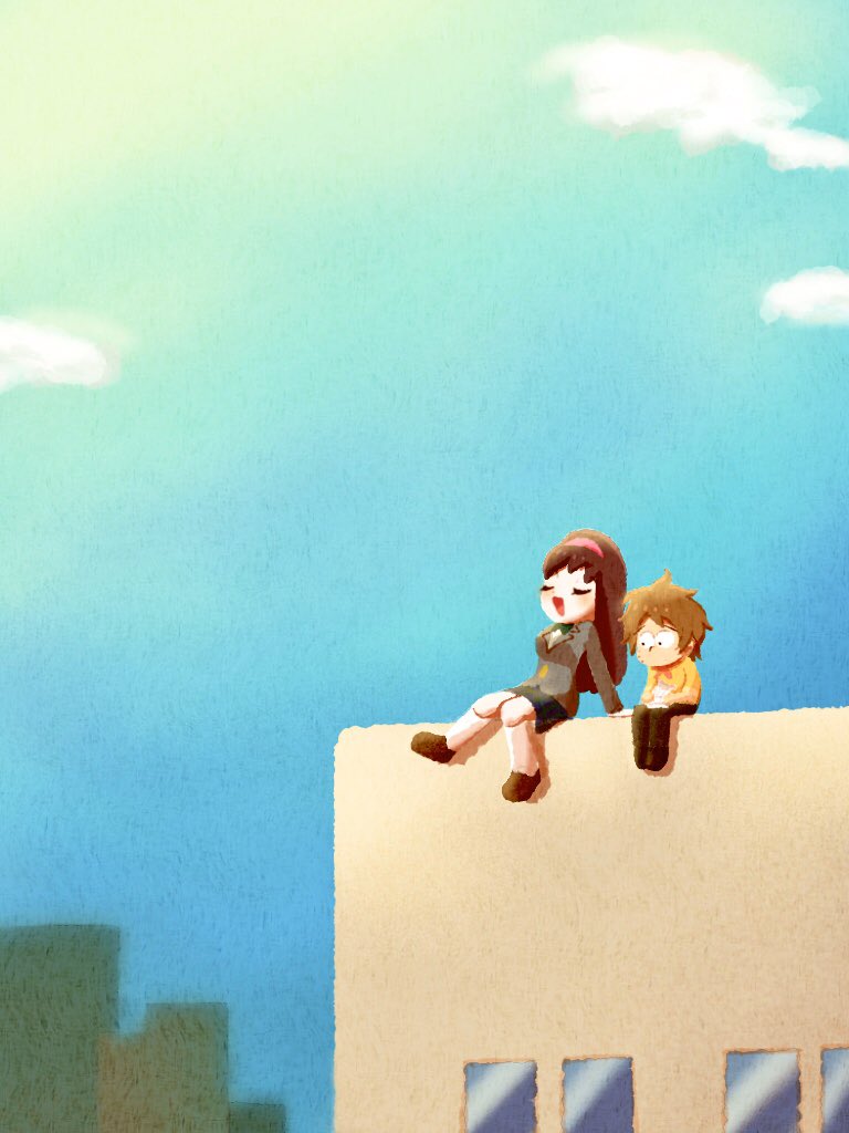 1boy 1girl blazer blue_sky brown_hair brown_shoes chibita cityscape closed_eyes full_body grey_jacket hairband hinakura3 jacket kneehighs long_hair neckerchief on_roof osomatsu-san_the_movie osomatsu_(series) pink_hairband red_neckerchief school_swimsuit shoes sky smile socks swimsuit white_socks wide_shot yowai_totoko