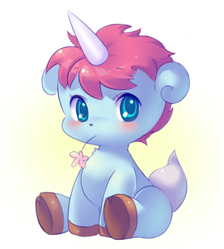 anmofu aqua_eyes bad_id bad_pixiv_id flower hooves horns lowres no_humans red_hair short_hair single_horn sitting solo unico unico_(character) unicorn white_background
