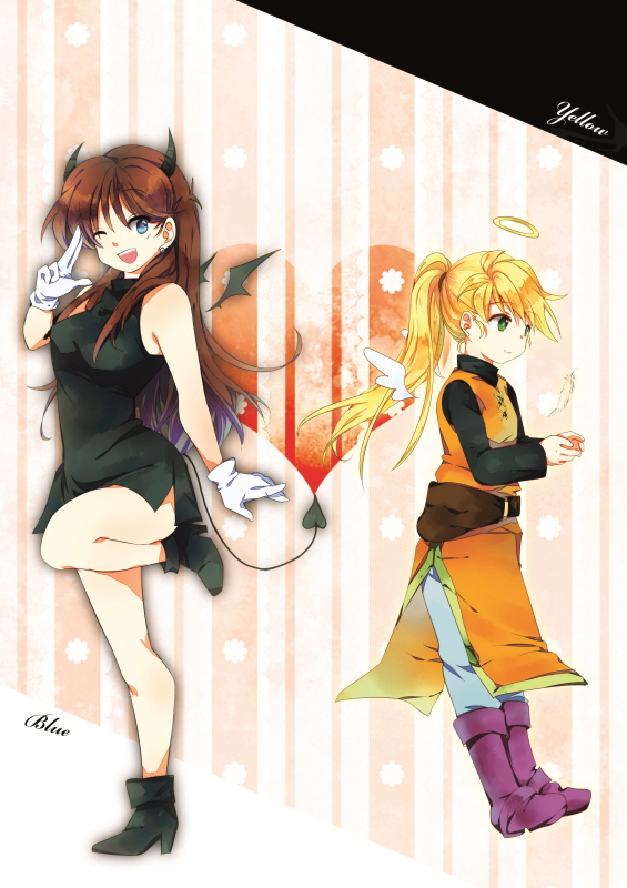 2girls angel_wings bad_id bad_pixiv_id bare_arms bare_legs bare_shoulders bat_wings black_dress blonde_hair blue_eyes brown_hair character_name demon_horns demon_tail demon_wings dress earrings gloves green_(pokemon) green_eyes halo hand_up heart horns jewelry long_hair mini_wings multiple_girls nintendo one_eye_closed open_mouth pokemon pokemon_adventures ponytail short_dress side_slit sidelocks sleeveless sleeveless_dress sleeveless_turtleneck smile standing standing_on_one_leg straight_hair tachiuo_(arines) tail turtleneck turtleneck_dress white_gloves wings wink yellow_(pokemon)