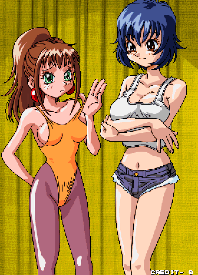2girls blue_hair breasts brown_eyes brown_hair cosplay costume_switch denim denim_shorts earrings green_eyes jewelry kazami_reina kimishima_yuika leotard medium_breasts multiple_girls orange_leotard pachinko_sexy_reaction pantyhose ponytail sammy short_hair shorts tank_top white_tank_top