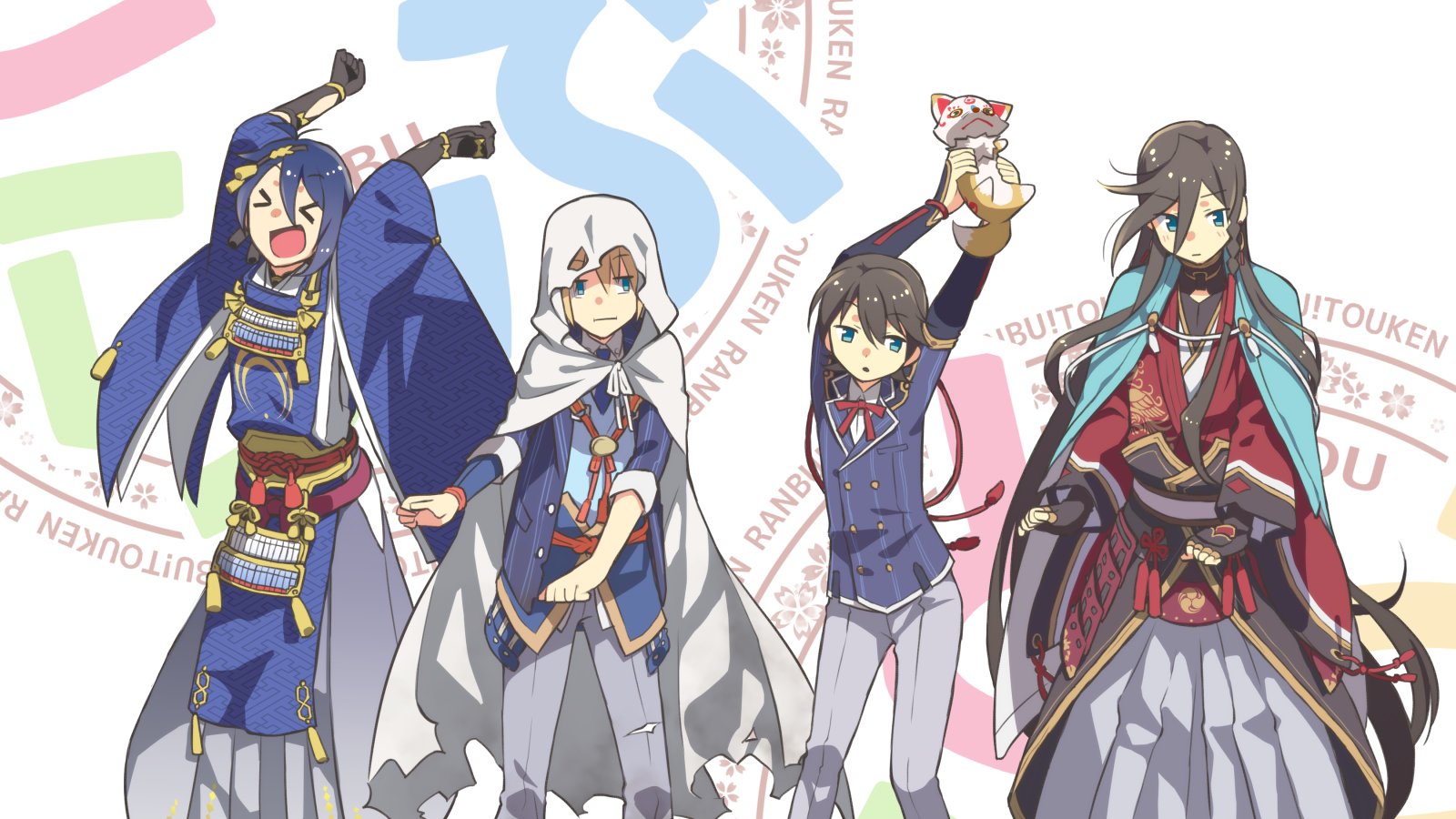 >_< 10s 4boys :i aqua_eyes bishounen black_gloves black_hair blonde_hair blue_eyes blue_hair braid buttons cape copyright_name crossover dancing double-breasted closed_eyes fox gloves gold_trim hakama hakama_skirt highres hood horikawa_kunihiro izumi-no-kami_kanesada japanese_clothes konnosuke kono_subarashii_sekai_ni_shukufuku_wo! kurarin male_focus mikazuki_munechika multiple_boys necktie open_mouth parody ribbon sayagata side_braid skirt smile title_parody tomorrow_(konosuba) touken_ranbu yamanbagiri_kunihiro