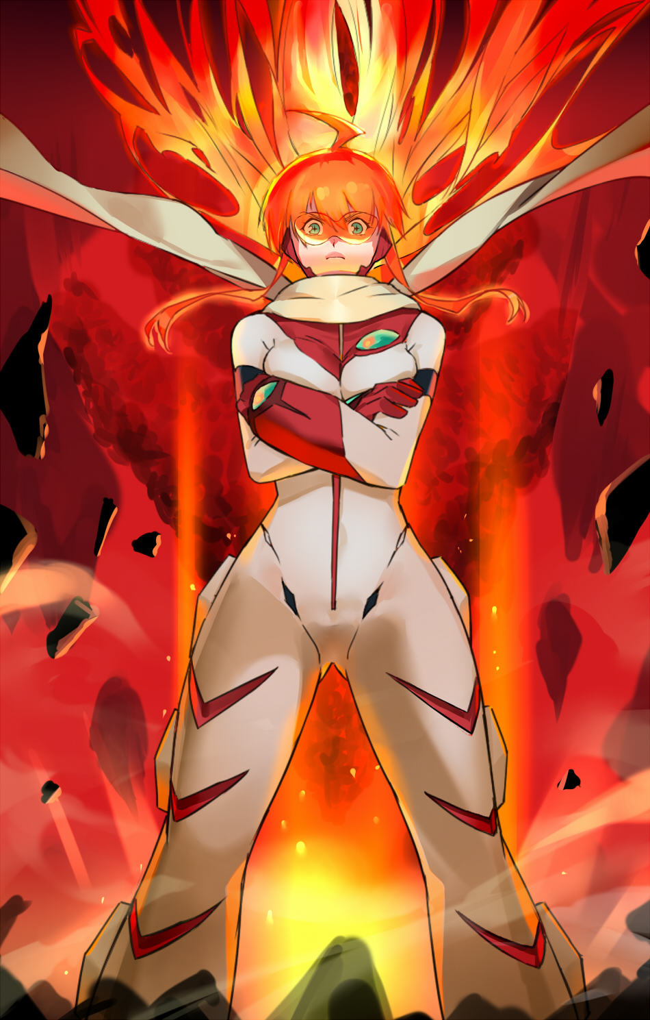 +_+ 1girl ahoge bodysuit breasts cross-shaped_pupils crossed_arms explosion floating_hair gloves green_eyes gunbuster_pose highres looking_at_viewer medium_breasts negresco nono_(top_wo_nerae_2!) orange-tinted_eyewear orange_hair red_gloves scarf solo sunglasses symbol-shaped_pupils tinted_eyewear top_wo_nerae!_(series) top_wo_nerae_2! visor white_bodysuit yellow_scarf