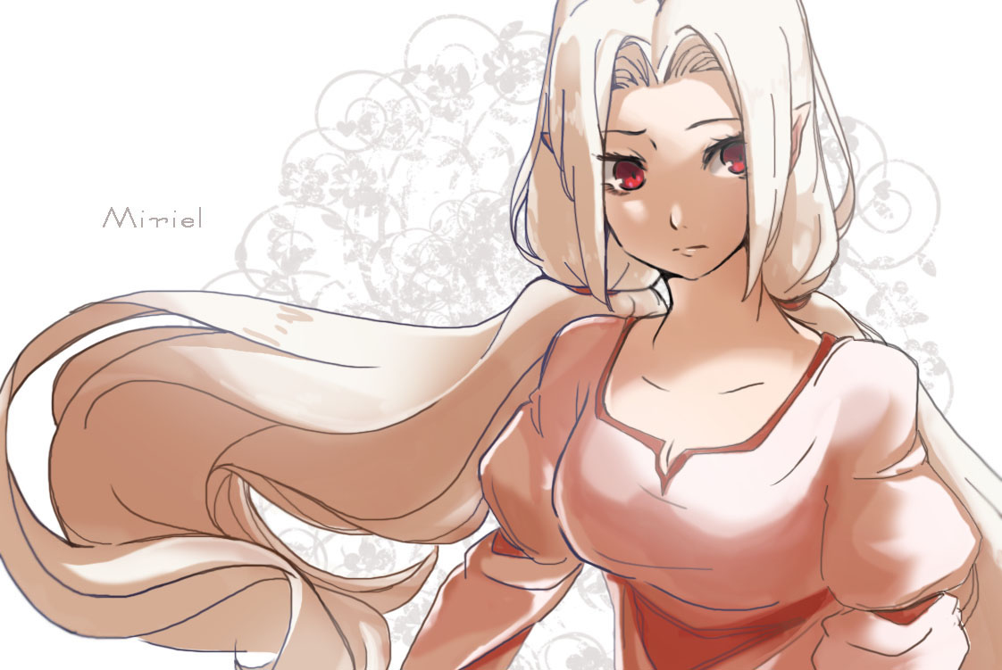 1girl breasts character_name cleavage closed_mouth collarbone elf eyelashes female_focus floating_hair long_hair looking_to_the_side miriel_(silmarillion) nostrils parted_bangs pixiv_id_43894224 pointy_ears red_eyes solo the_silmarillion tolkien&#039;s_legendarium upper_body white_hair