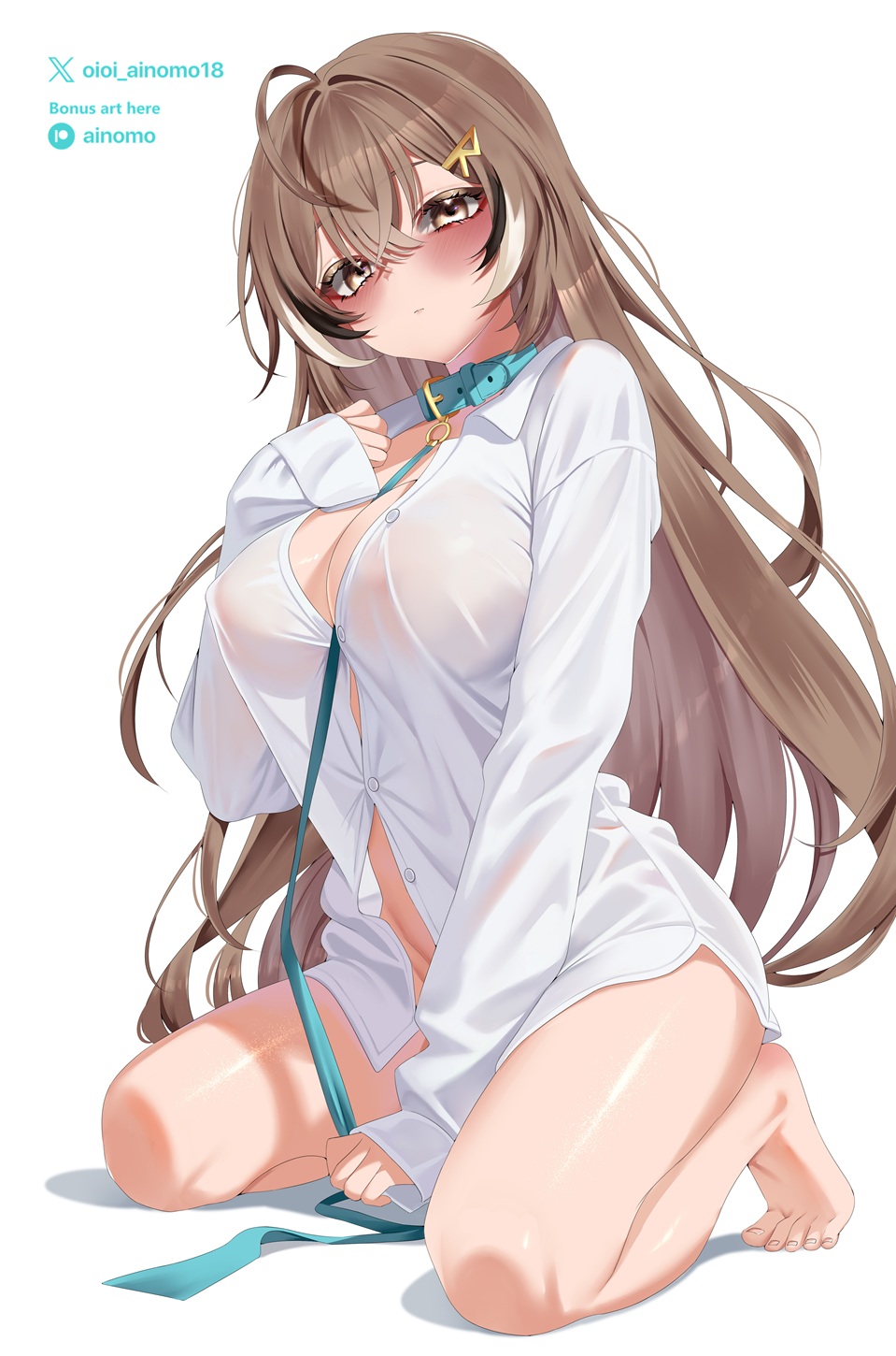 1girl aegyo_sal ahoge aqua_belt aqua_choker aqua_collar artist_name belt_collar black_hair blush breasts brown_eyes brown_hair choker collar covered_erect_nipples hair_ornament hairclip highres holding_own_leash hololive hololive_english kneeling large_breasts leash long_hair long_sleeves looking_at_viewer multicolored_hair naked_shirt nanashi_mumei oioi_ainomo patreon_username shiny_skin shirt simple_background sleeves_past_wrists solo streaked_hair thighs tiptoes twitter_username virtual_youtuber white_background