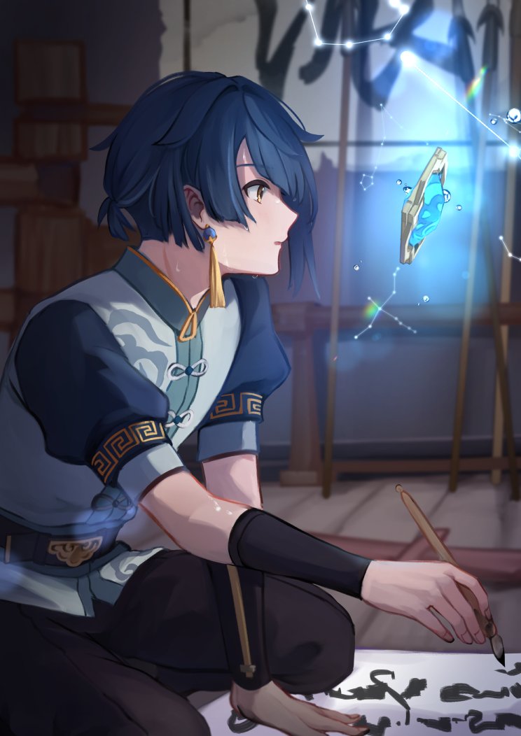 1boy arm_support asymmetrical_bangs black_pants blue_hair blue_shirt blurry blurry_background buttons calligraphy_brush chinese_clothes commentary earrings english_commentary floating floating_object genshin_impact holding holding_calligraphy_brush holding_paintbrush indoors jewelry male_focus mandarin_collar meandros mikanchii on_floor paintbrush pants paper parted_bangs polearm profile puffy_short_sleeves puffy_sleeves shirt short_hair short_sleeves single_earring sitting solo spear sweat tassel tassel_earrings vision_(genshin_impact) water_drop weapon weapon_rack white_shirt wooden_floor xingqiu_(genshin_impact)