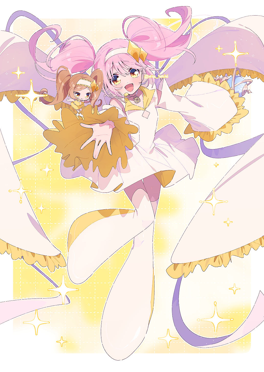 2girls amulet_dia boots border brown_hair chibi closed_mouth collared_dress commentary_request dia_(shugo_chara!) diamond_cutout diamond_hair_ornament dress floating_clothes floating_hair frilled_sleeves frills full_body grid_background hairband highres hinamori_amu humpty_lock_(shugo_chara!) lace-trimmed_hairband lace_trim light_blush long_hair long_sleeves magical_girl miniskirt multiple_girls offering_hand open_mouth outside_border outstretched_hand pink_hair pleated_skirt serizawa_serizane shirt shoes short_dress shugo_chara! skirt skirt_set sleeveless sleeveless_shirt sleeves_past_fingers sleeves_past_wrists smile solo_focus sparkle thigh_boots thighhighs twintails twitter_username two-sided_dress two-sided_fabric very_long_hair white_border white_dress white_footwear white_hairband white_thighhighs wide_sleeves yellow_background yellow_boots yellow_eyes yellow_shirt