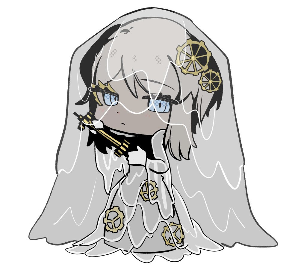 1girl blue_eyes bridal_veil chibi colored_eyelashes dress e.g.o_(project_moon) faust_(project_moon) gears gloves hair_ornament holding holding_weapon limbus_company looking_at_viewer merukosu project_moon short_hair solo thick_eyelashes veil weapon wedding_dress white_background white_gloves white_hair