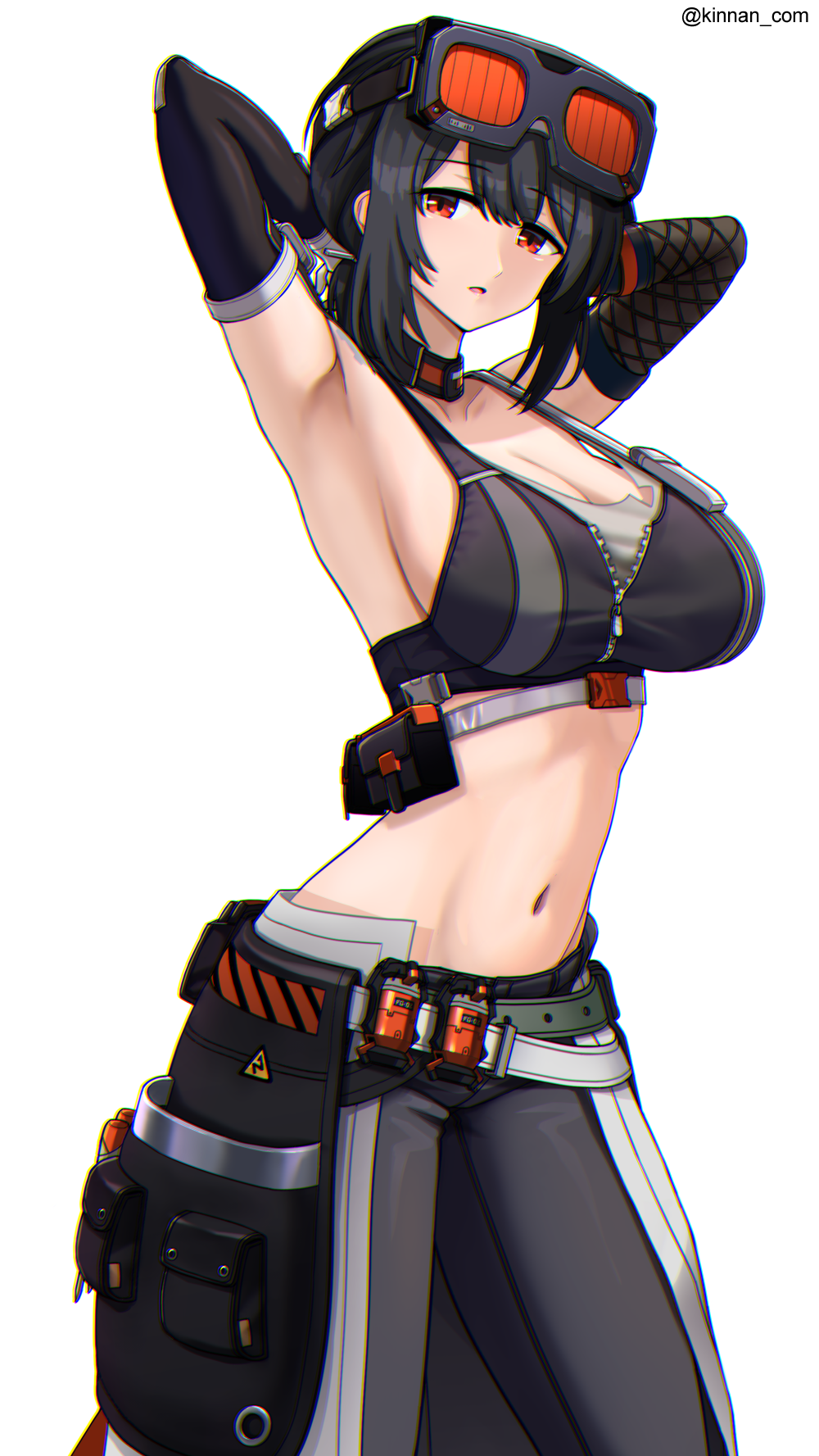 1girl armpits black_hair breasts chromatic_aberration cleavage cowboy_shot crop_top goggles goggles_on_head grace_howard hair_between_eyes highres kinnan large_breasts looking_at_viewer navel open_mouth partially_unzipped red_eyes sidelocks simple_background solo white_background zenless_zone_zero