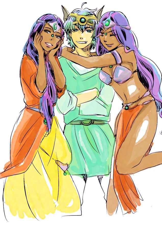 1boy 2girls aqua_tunic armlet armor arms_around_neck bikini_armor brown_eyes circlet crossed_arms dancer dark-skinned_female dark_skin dragon_quest dragon_quest_iv dress forehead_jewel gem gold_headdress green_gemstone green_hair green_tunic grin hands_on_own_cheeks hands_on_own_face hands_up hero_(dq4) jewelry kaga_m leg_up lipstick loincloth long_hair long_sleeves looking_at_viewer makeup manya_(dq4) metal_bikini metal_bra minea_(dq4) multiple_girls navel one_eye_closed orange_dress pink_lips purple_hair short_hair siblings sisters smile tunic two-tone_dress white_sleeves yellow_dress