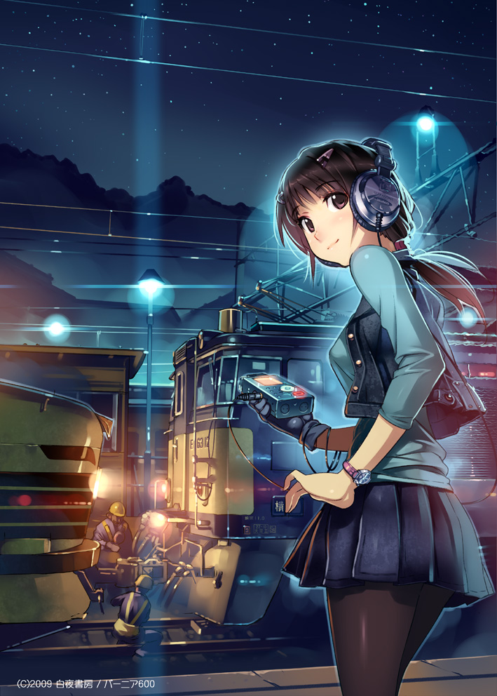 00s 1girl 2009 black_gloves black_hair black_pantyhose brown_eyes brown_hair building buttons device digital_media_player female_focus gloves hair_ornament hairclip headphones helmet hill holding jacket jumpsuit lamp lamppost looking_at_viewer md5_mismatch night night_sky original pantyhose ponytail railroad_tracks resolution_mismatch revision shoes short_hair single_glove skirt sky smile solo source_larger squatting star_(sky) starry_sky train ultrasone vania600 watch wristwatch