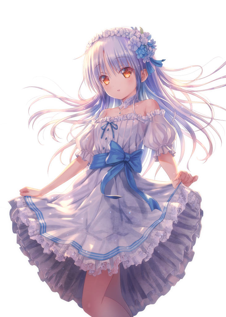 1girl alternate_costume angel_beats! backlighting bare_shoulders blue_bow blue_bowtie bow bowtie commentary_request detached_collar dress feet_out_of_frame flower frilled_dress frills goto_p grey_hair hair_flower hair_ornament hairband long_hair off_shoulder simple_background skirt_hold solo tenshi_(angel_beats!) white_background white_dress white_hairband yellow_eyes