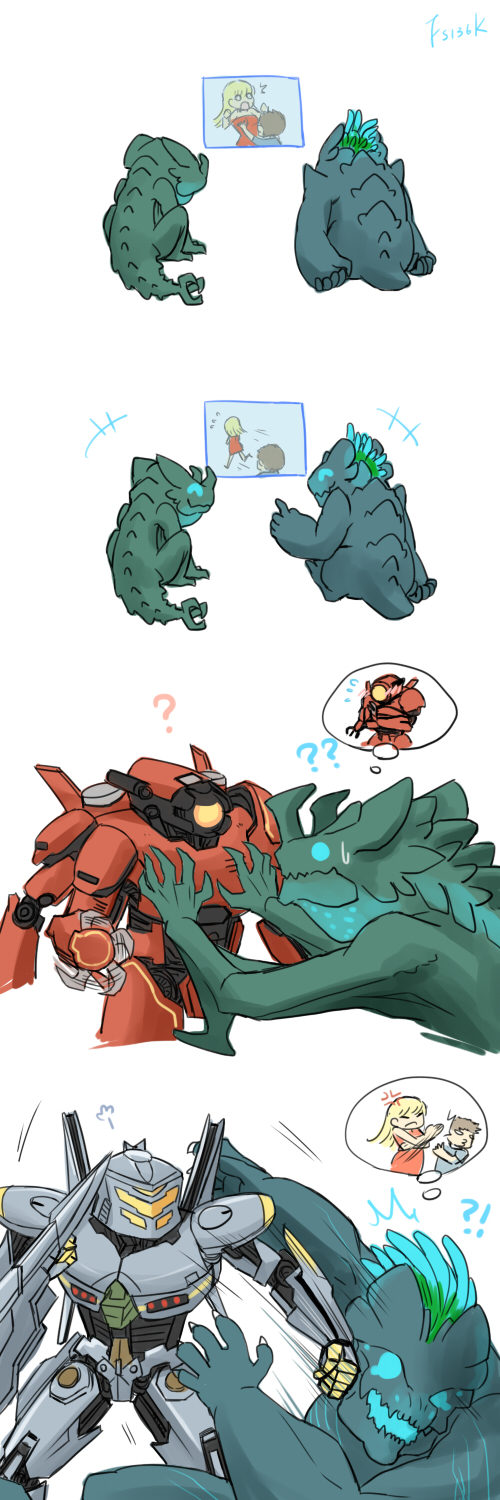 !? 4.211_brass_knuckles 4koma ? annoyed assault_mount_3.25_sting-blades brass_knuckles chibi comic crimson_typhoon grabbing_another&#039;s_breast groping highres imagining jaeger_(pacific_rim) kaiju leatherback legendary_pictures mecha no_humans otachi pacific_rim pan_pacific_defense_corps punching quanna robot saw speech_bubble striker_eureka super_robot sweatdrop thought_bubble weapon wrist_blades