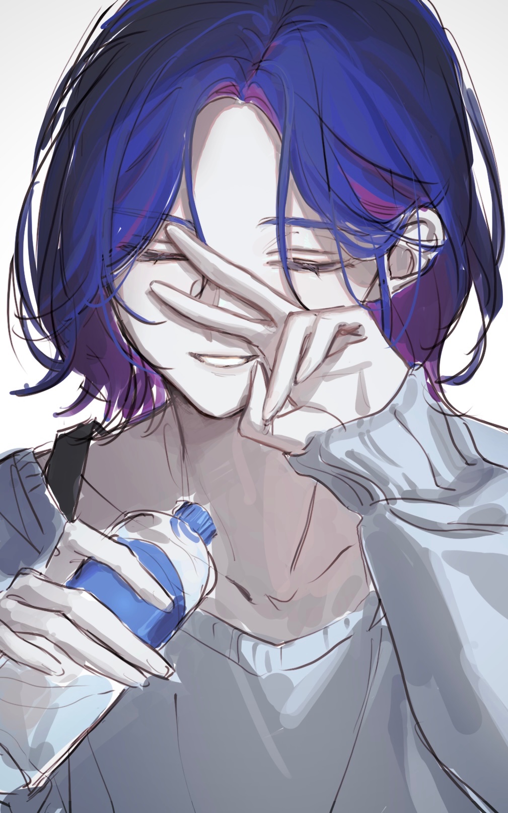 1boy blue_hair bottle closed_eyes colored_inner_hair dekau gundam gundam_gquuuuuux highres holding holding_bottle lower_eyelashes_only male_focus multicolored_hair open_mouth purple_hair shirt short_hair shuji_ito simple_background smile solo two-tone_hair upper_body v water_bottle white_background white_shirt