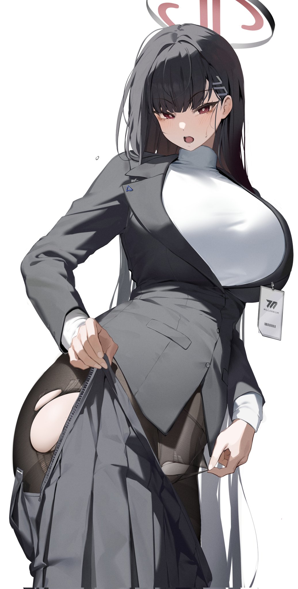 1girl black_hair black_jacket blue_archive breasts clothes_pull hair_ornament hairclip halo highres id_card jacket large_breasts long_hair looking_at_viewer nine_(kanine41) open_mouth pantyhose pulling_own_clothes red_eyes rio_(blue_archive) skirt skirt_pull solo sweatdrop sweater torn_clothes torn_pantyhose turtleneck turtleneck_sweater undressing very_long_hair white_sweater