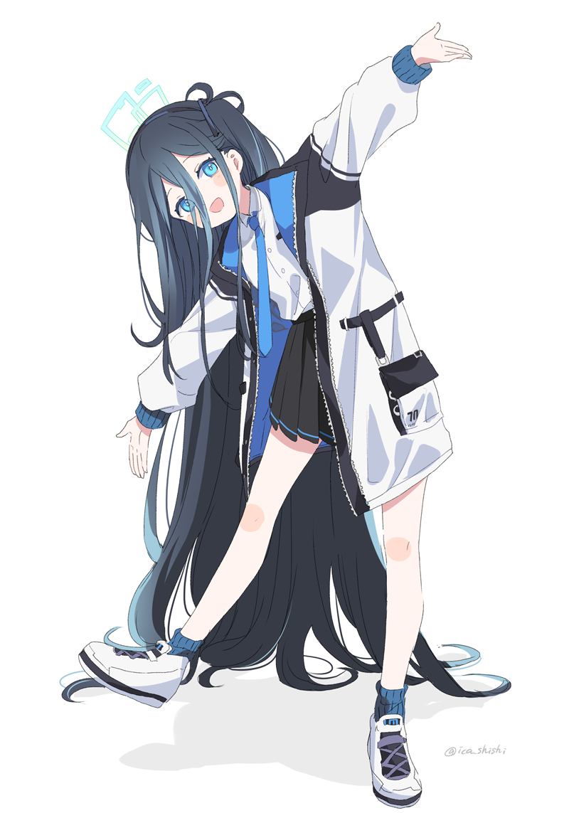1girl absurdly_long_hair aris_(blue_archive) black_hair black_skirt blue_archive blue_eyes blue_necktie blue_socks blush_stickers buttons coat commentary_request flat_chest full_body hair_between_eyes halo ica leg_up long_hair long_hair_between_eyes long_sleeves looking_at_viewer necktie open_mouth outstretched_arms pleated_skirt pocket shirt shoes skirt smile sneakers socks solo very_long_hair white_background white_coat white_shirt white_shoes wing_collar