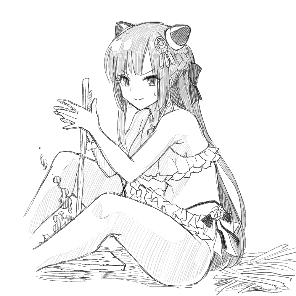 1girl assault_lily bare_arms bare_shoulders bikini bikini_skirt bow bow_bikini braid breasts frilled_thigh_strap closed_mouth commentary_request cosplay cropped_legs derivative_work earrings feet_out_of_frame firemaking frilled_bikini frills gozen_(assault_lily) greyscale hair_ornament hairpods half_updo halterneck hands_up hatching_(texture) holding holding_stick jewelry knees_up linear_hatching long_hair looking_at_viewer mabuta_kayumi medium_breasts monochrome multi-strapped_bikini neck_ribbon plank ribbon scrunchie shirai_yuyu shirai_yuyu_(cosplay) sidelocks sitting sketch smoke solo stick sweatdrop swimsuit thigh_strap v-shaped_eyebrows very_long_hair wrist_scrunchie