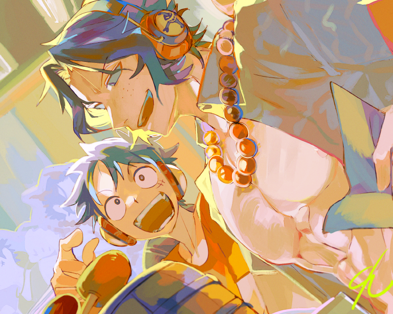 2boys black_hair brothers commentary dutch_angle freckles headphones holding holding_paper jewelry jolly_roger looking_at_another male_focus monkey_d._luffy multiple_boys necklace one_piece one_piece_straw_hat_space open_mouth paper pearl_necklace portgas_d._ace scar scar_on_face senzzang short_hair siblings smile topless_male whitebeard_pirates_jolly_roger