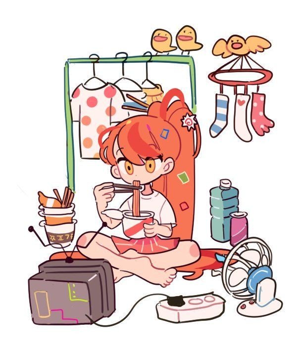 1girl bird bottle cable chick chopsticks commentary cup cup_ramen dated_commentary dolman_(dm) eating electric_fan food-themed_hair_ornament full_body hair_ornament hair_spread_out hairpin high_ponytail holding holding_chopsticks holding_cup long_hair miniskirt orange_hair original pink_skirt ponytail radio_antenna shirt short_sleeves simple_background skirt socks solo sparkle striped_clothes striped_skirt t-shirt television unworn_shirt unworn_skirt unworn_socks vertical-striped_clothes vertical-striped_skirt very_long_hair watching_television white_background white_shirt white_sleeves yellow_eyes