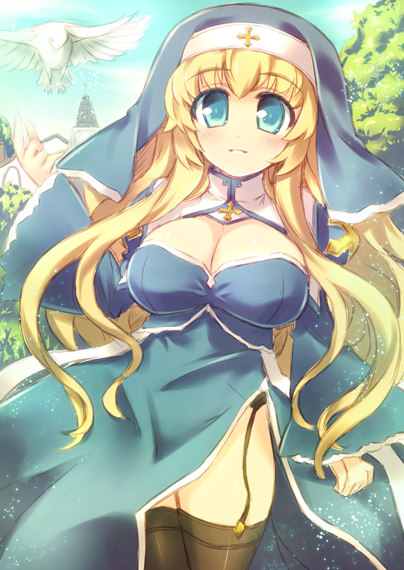 1girl bird black_thighhighs blonde_hair blue_coif blue_dress blue_sky blush breasts cleavage cloud commentary_request cowboy_shot day dove dress garter_straps grin hano_yukari large_breasts long_hair long_sleeves looking_at_viewer nun original outdoors side_slit sky smile solo thighhighs tree white_bird wide_sleeves