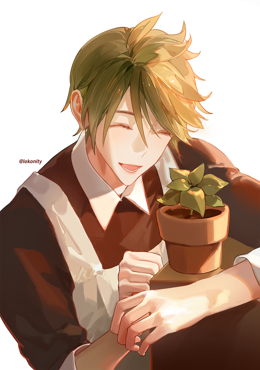 1boy ahoge apron brown_shirt cookie_run green_hair herb_cookie highres holding humanization looking_at_viewer male_focus open_mouth plant potted_plant serenity0712 shirt short_hair simple_background smile solo white_apron white_background