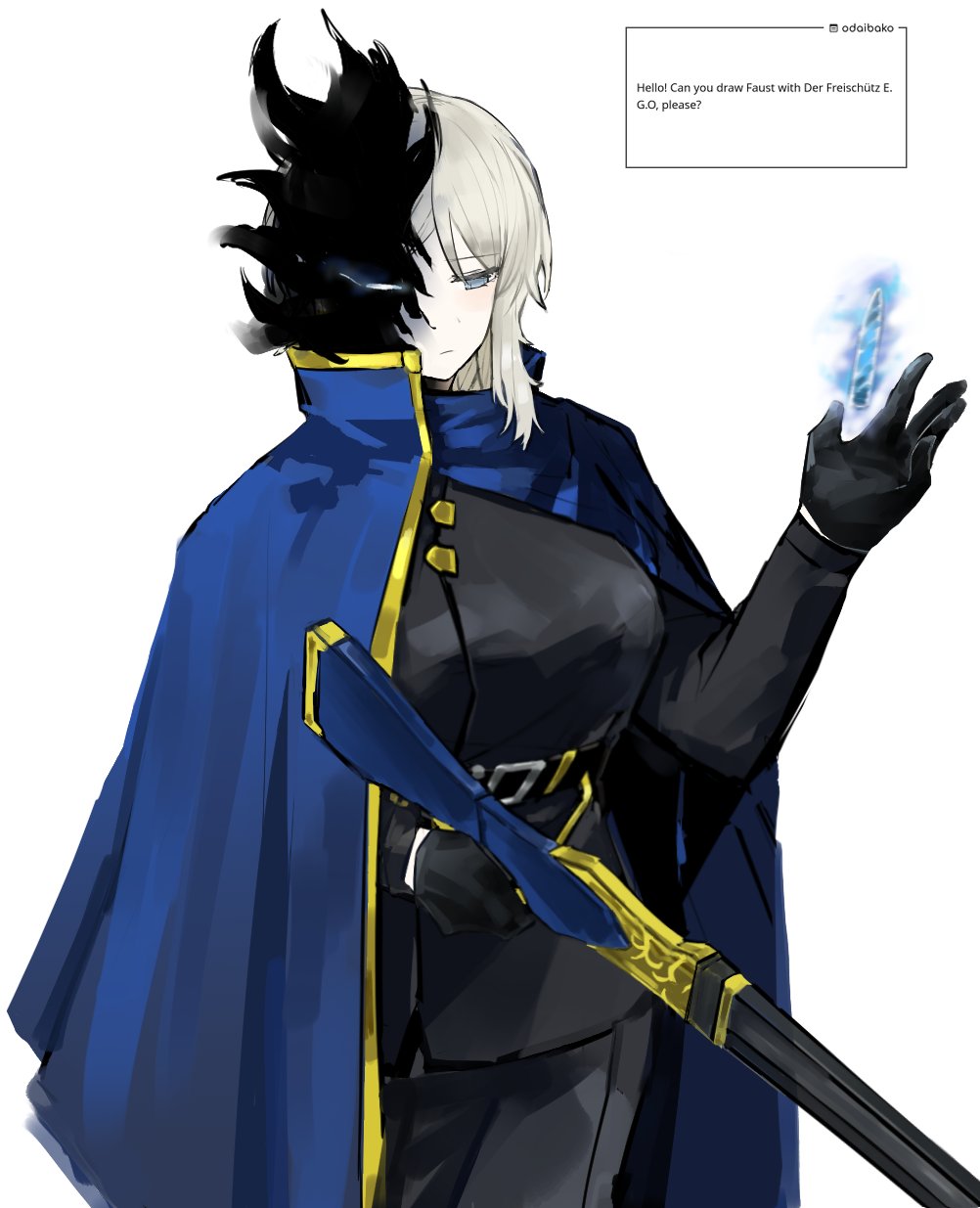 1girl belt black_belt black_fire black_gloves black_jacket black_pants blue_cape blue_fire cape cowboy_shot der_freischuetz_(project_moon) e.g.o_(project_moon) faust_(project_moon) fire gloves gold_trim gun hand_up highres holding holding_weapon jacket limbus_company lobotomy_corporation long_sleeves magic_bullet_(e.g.o) naughty_0b pants project_moon rifle short_hair simple_background smoke solo weapon white_background white_hair
