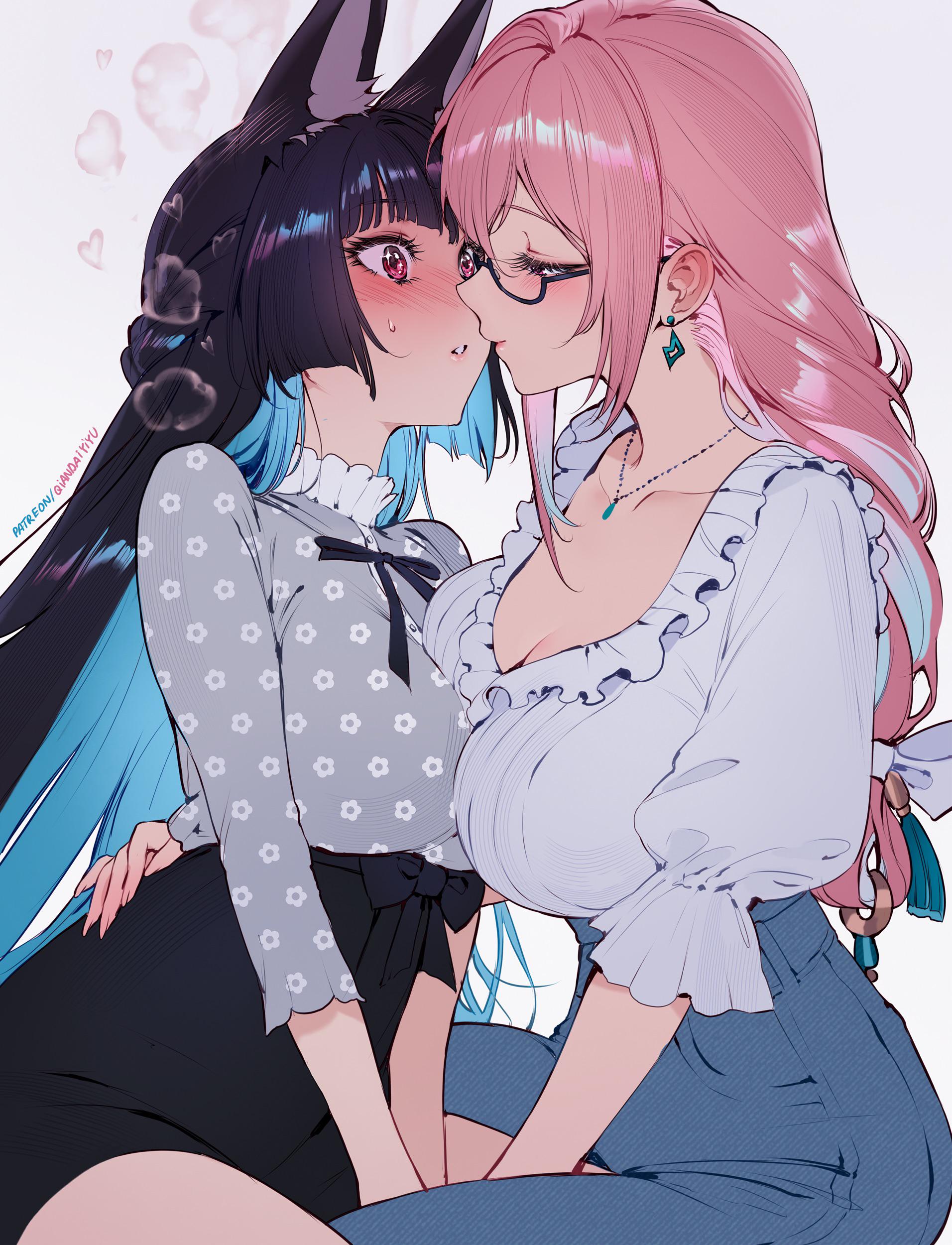absurdres animal_ears black_hair blush breasts denim earrings glasses highres hoshimi_miyabi imminent_kiss jeans jewelry large_breasts long_hair necklace pants patreon_username pink_hair qiandaiyiyu tsukishiro_yanagi white_background yuri zenless_zone_zero