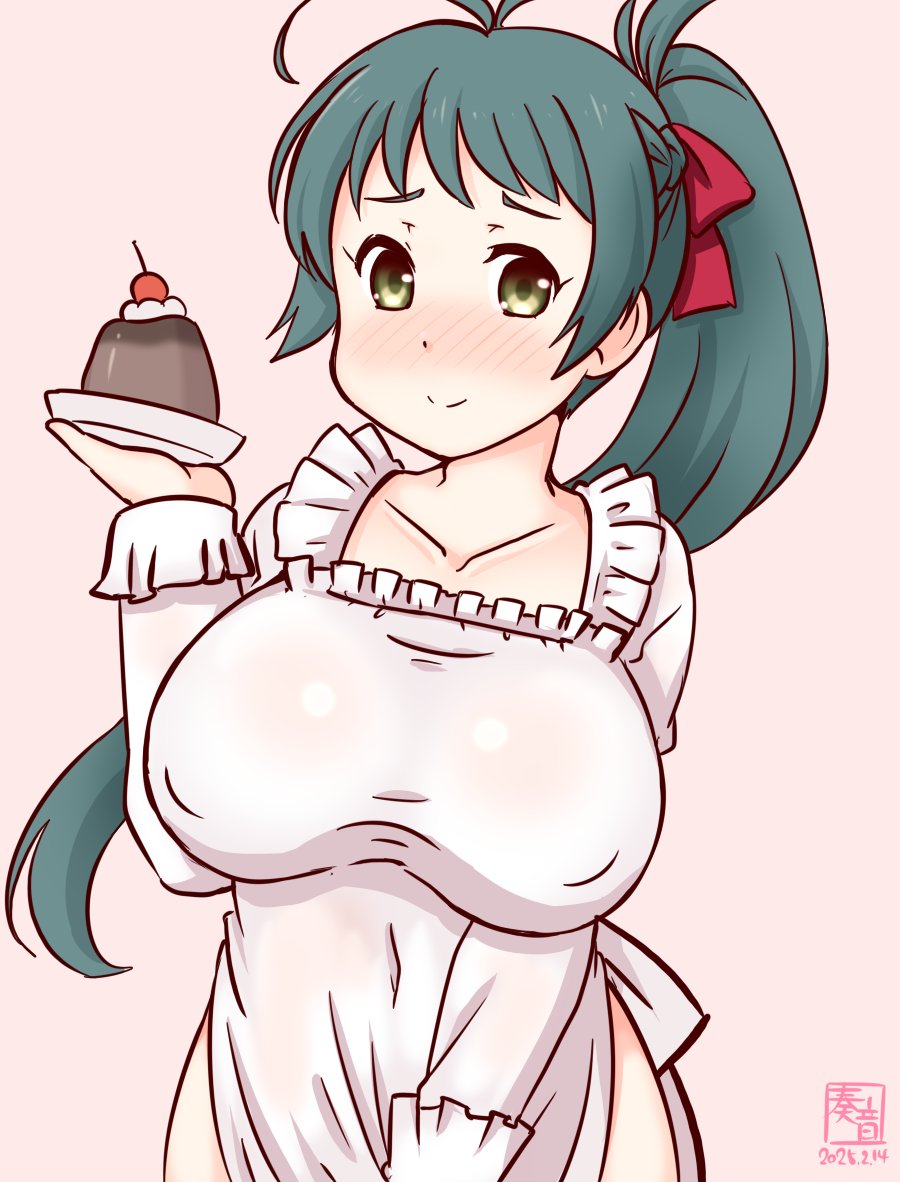 1girl antenna_hair artist_logo blush breasts commentary_request dated food green_eyes green_hair irako_(kancolle) kanon_(kurogane_knights) kantai_collection large_breasts logo long_hair looking_at_viewer nose_blush one-hour_drawing_challenge pink_background pudding simple_background solo