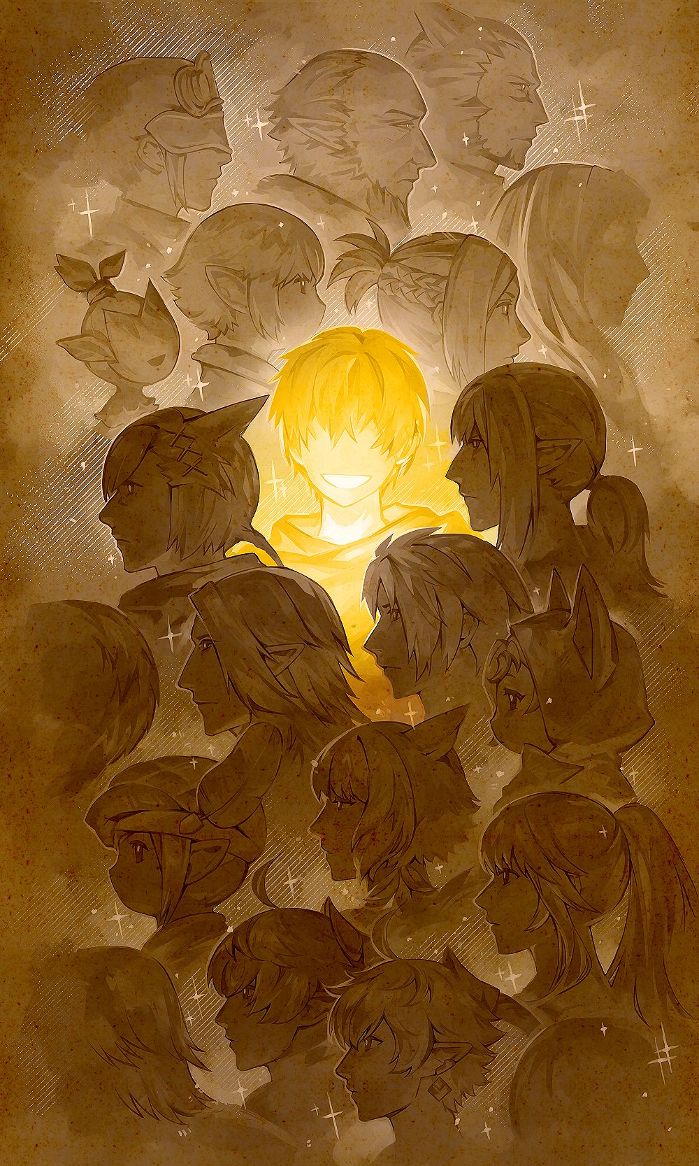 6+boys 6+girls adventurer_(ff14) alisaie_leveilleur alphinaud_leveilleur animal_ears animal_hood beret blindfold brown_background cat_ears cat_hood commentary elezen elf estinien_varlineau everyone facing_viewer final_fantasy final_fantasy_xiv g&#039;raha_tia glowing grin hat hat_feather highres hood hood_up hyur krile_baldesion_(ff14) lalafell long_hair looking_ahead louisoix_leveilleur low_ponytail lyse_hext minfilia_warde miqo&#039;te monochrome multiple_boys multiple_girls no_eyes papalymo_totolymo pointy_ears ponytail profile short_hair simple_background smile sparkle symbol-only_commentary tataru_taru thancred_waters urianger_augurelt warrior_of_light_(ff14) y&#039;shtola_rhul yda_hext zmeoow
