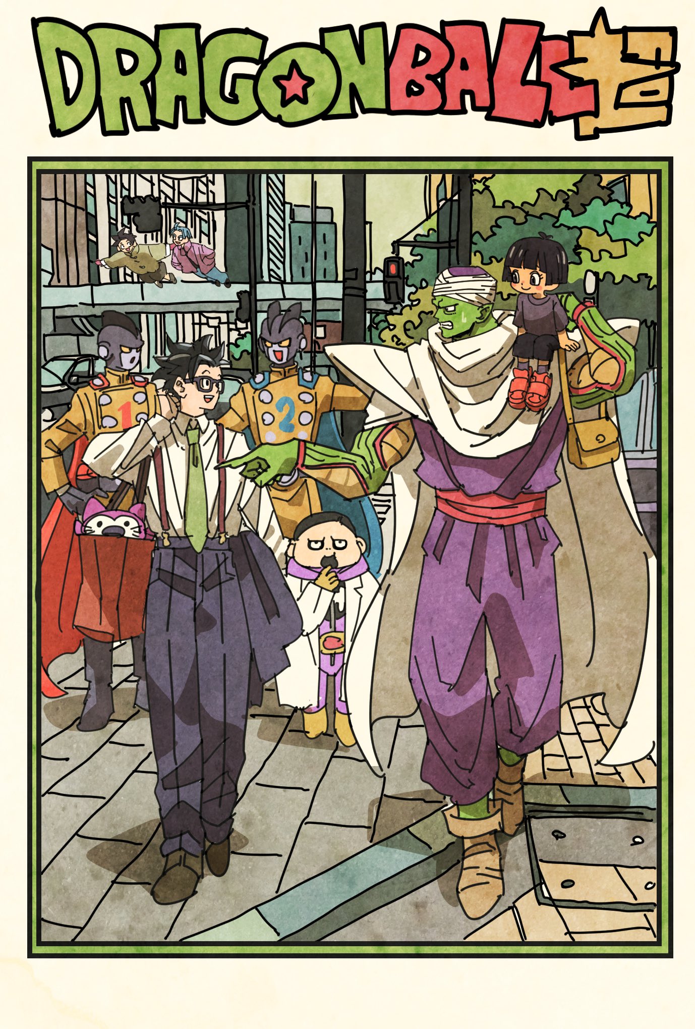 1girl 6+boys bag black_hair blue_hair blush cat city cloak colored_skin copyright_name dr._hedo dragon_ball dragon_ball_super dragon_ball_super_super_hero eating father_and_daughter flying full_body gamma_1 gamma_2 glasses green_necktie green_skin hand_on_own_hip handbag hat highres jumpsuit multiple_boys necktie on_shoulder outstretched_arms pan_(dragon_ball) penenko piccolo purple_jumpsuit red_footwear sash shirt smile son_gohan son_goten suspenders sweatdrop t-shirt takeuchi_ryousuke trunks_(dragon_ball) whiskers white_cloak white_shirt