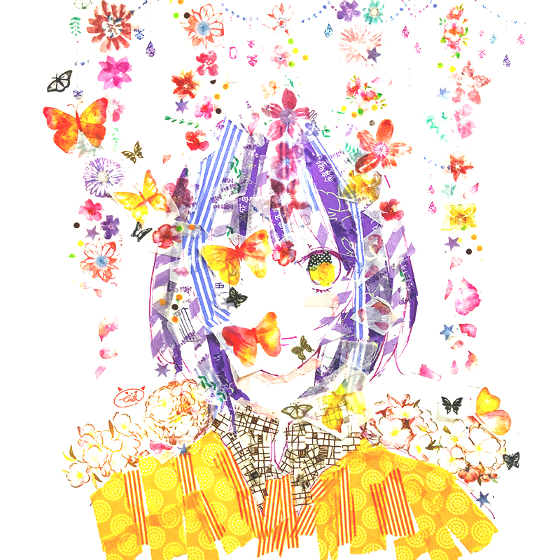 1girl abstract bob_cut bug butterfly cathinthecloud commentary english_commentary flower insect looking_at_viewer masking_tape_(medium) mixed_media one_eye_covered original portrait purple_hair shirt short_hair smile solo straight-on traditional_media unconventional_media white_background yellow_eyes yellow_shirt