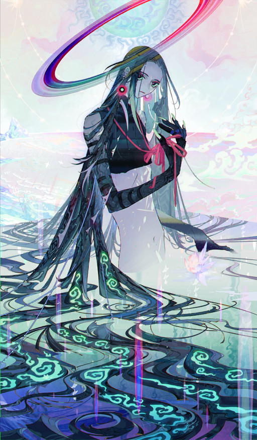 1boy aqua_hair arctic_summer_world! bishounen black_hair black_shirt black_skin bottomless closed_mouth colored_extremities colored_skin commentary crop_top earrings expressionless eyeliner fate/grand_order fate_(series) fingernails floating_earrings floating_hair glowing glowing_earrings glowing_hair green_hair green_nails halo jewelry kishimen_hair long_fingernails long_hair looking_at_viewer makeup male_focus molatoliamu multicolored_hair navel official_art outdoors patterned_hair pink_background pink_eyeliner pink_pupils pink_ribbon ribbon ribs shirt skinny sleeveless sleeveless_shirt sleeveless_turtleneck solo sphere_earrings standing taisui_xingjun_(fate) third-party_source turtleneck two-tone_hair very_long_hair wading water