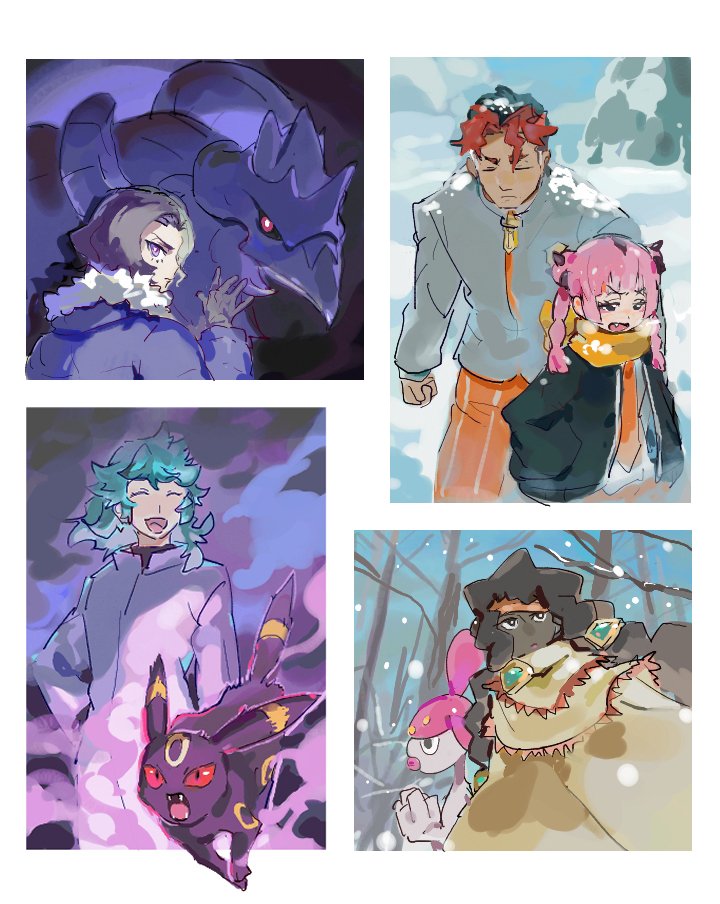 2girls 3boys :d amethio_(pokemon) border chalce_(pokemon) closed_eyes coat coral_(pokemon) corviknight dark-skinned_female dark_skin fang gen_2_pokemon gen_3_pokemon gen_8_pokemon gloves green_hair grey_jacket jacket maumaujanken medicham multiple_boys multiple_girls nintendo open_mouth orange_pants pants pink_hair pokemon pokemon_(anime) pokemon_(creature) pokemon_horizons purple_eyes sidian_(pokemon) smile snow snowing spinel_(pokemon) twintails umbreon white_border