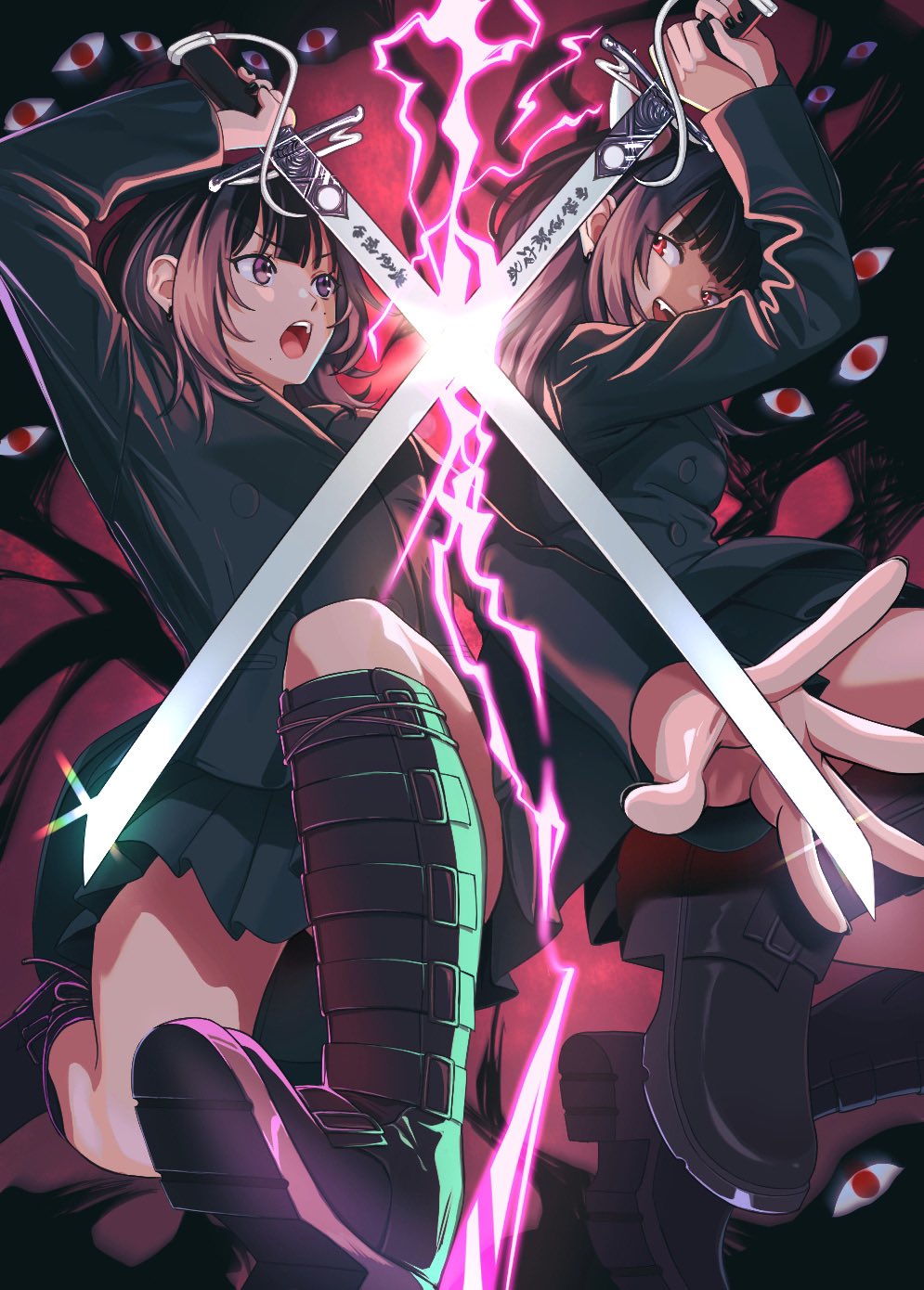 2girls black_footwear black_hair black_nails boots demon_horns dual_persona fang fingernails green_jacket green_skirt highres holding holding_sword holding_weapon horns jacket knee_boots leg_up looking_at_another miniskirt multicolored_hair multiple_girls nira-chan nira-chan_(zanki)_(zutomayo) open_mouth purple_eyes purple_hair red_eyes skirt suiminsaikoo sword teeth two-tone_hair weapon white_horns zanki_(zutomayo) zutto_mayonaka_de_ii_no_ni